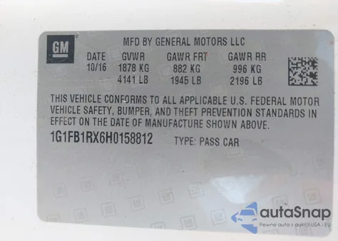 2017 Chevrolet Camaro 1Lt из США, поврежденный, VIN 1G1FB1RX6H0158812